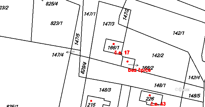 Rabakov 17 na parcele st. 166/1 v KÚ Rabakov, Katastrální mapa