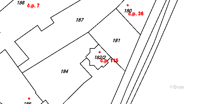 Vinařice 115, Týnec nad Labem na parcele st. 182/2 v KÚ Vinařice u Týnce nad Labem, Katastrální mapa
