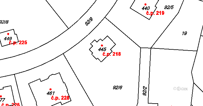 Prosetín 218 na parcele st. 445 v KÚ Prosetín u Hlinska, Katastrální mapa