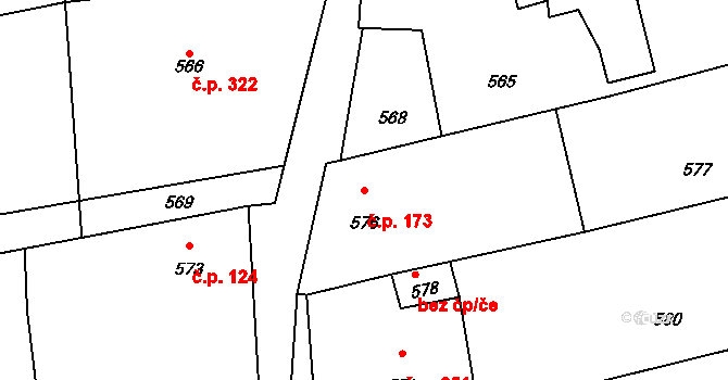 Hvozdná 173 na parcele st. 576 v KÚ Hvozdná, Katastrální mapa