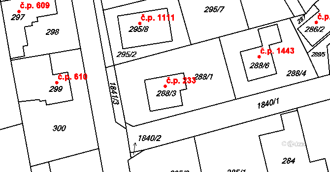 Kylešovice 233, Opava na parcele st. 288/3 v KÚ Kylešovice, Katastrální mapa