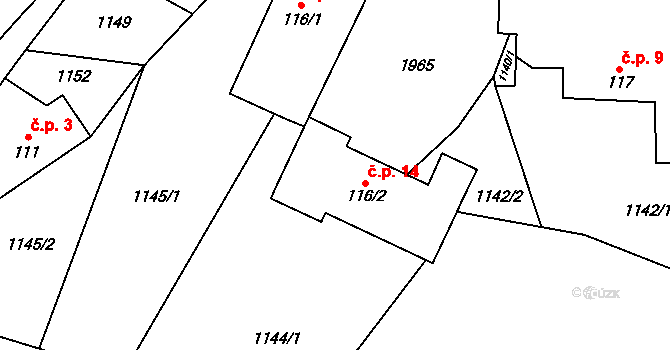 Vrbětice 14, Tisovec na parcele st. 116/2 v KÚ Tisovec, Katastrální mapa