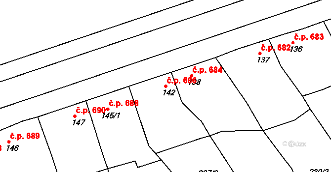 Rudná 686 na parcele st. 142 v KÚ Hořelice, Katastrální mapa