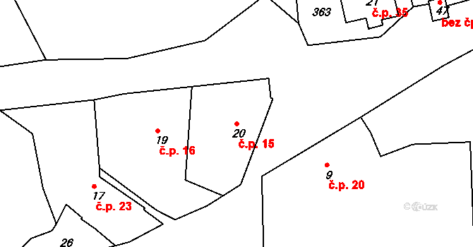 Miskolezy 15, Chvalkovice na parcele st. 20 v KÚ Miskolezy, Katastrální mapa