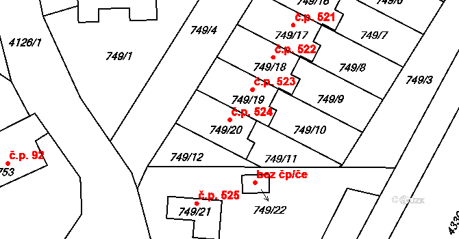 Jakubské Předměstí 524, Jaroměř na parcele st. 749/20 v KÚ Jaroměř, Katastrální mapa