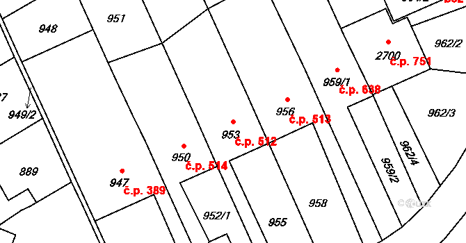Jedovnice 512 na parcele st. 953 v KÚ Jedovnice, Katastrální mapa