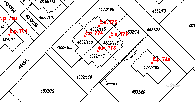 Sviadnov 773 na parcele st. 4832/117 v KÚ Sviadnov, Katastrální mapa