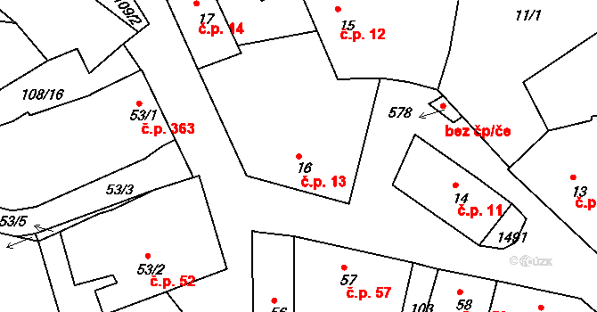 Lhenice 13 na parcele st. 16 v KÚ Lhenice, Katastrální mapa