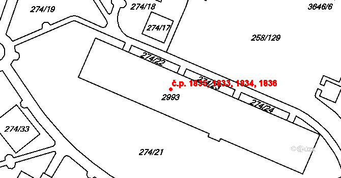 Rakovník II 1833,1834,1835,1836, Rakovník na parcele st. 2993 v KÚ Rakovník, Katastrální mapa