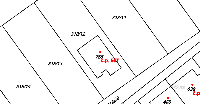 Rokytnice 557 na parcele st. 755 v KÚ Rokytnice u Přerova, Katastrální mapa