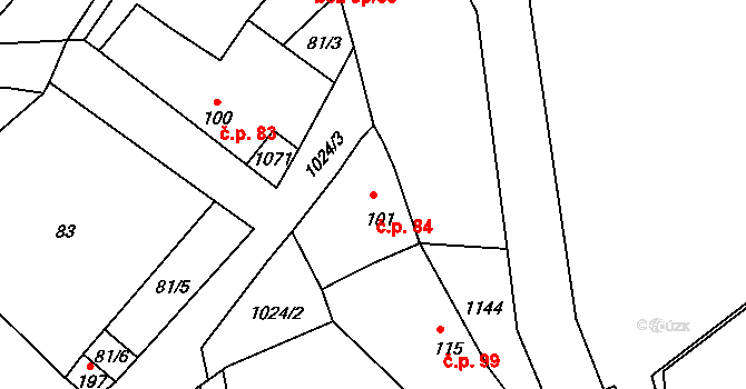 Měcholupy 84 na parcele st. 101 v KÚ Měcholupy u Žatce, Katastrální mapa