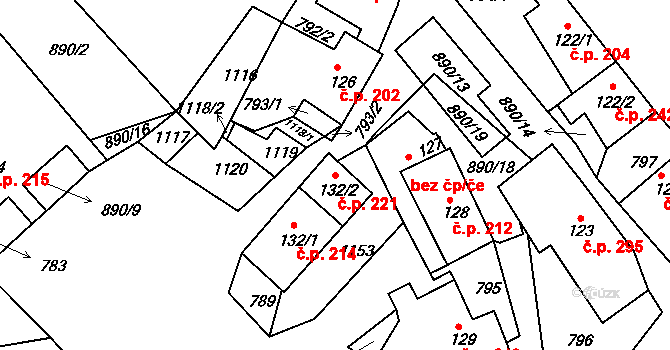 Sobíňov 221 na parcele st. 132/2 v KÚ Sobíňov, Katastrální mapa