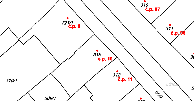 Popice 10 na parcele st. 315 v KÚ Popice, Katastrální mapa