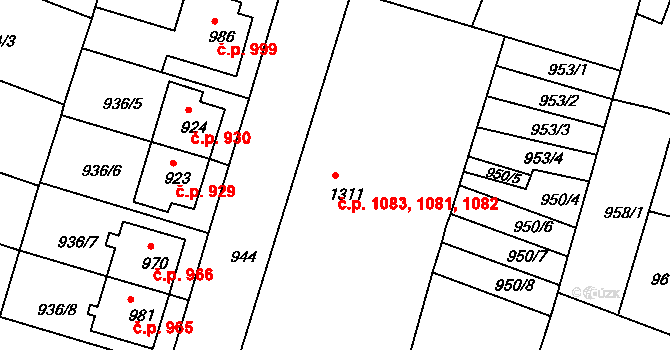 Bystřice pod Hostýnem 1081,1082,1083 na parcele st. 1311 v KÚ Bystřice pod Hostýnem, Katastrální mapa