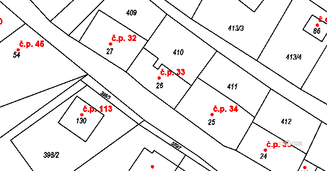 Růžov 33, Stražisko na parcele st. 26 v KÚ Růžov na Moravě, Katastrální mapa