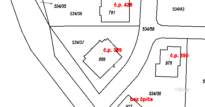Horoušánky 389, Horoušany na parcele st. 899 v KÚ Horoušany, Katastrální mapa
