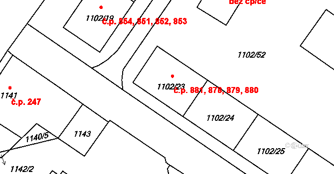 Nový Bor 878,879,880,881 na parcele st. 1102/23 v KÚ Nový Bor, Katastrální mapa