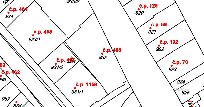 Rousínov 458 na parcele st. 932 v KÚ Rousínov u Vyškova, Katastrální mapa