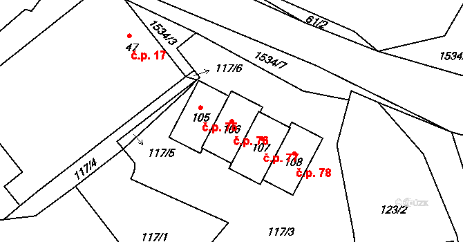 Pluhův Žďár 76 na parcele st. 106 v KÚ Pluhův Žďár, Katastrální mapa