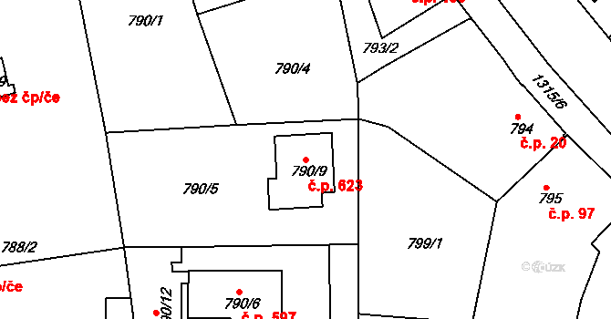 Tuchlovice 623 na parcele st. 790/9 v KÚ Tuchlovice, Katastrální mapa