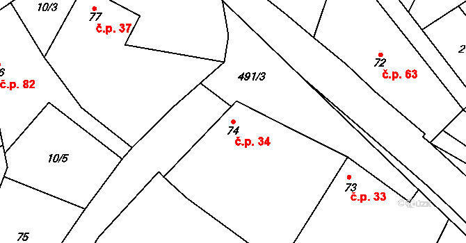 Třebovětice 34, Cerekvice nad Bystřicí na parcele st. 74 v KÚ Třebovětice, Katastrální mapa