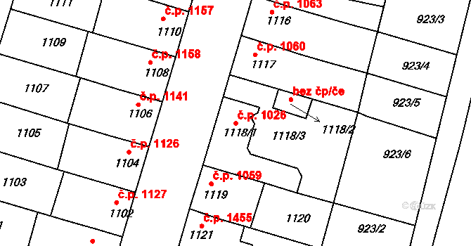 Roudnice nad Labem 1026 na parcele st. 1118/1 v KÚ Roudnice nad Labem, Katastrální mapa