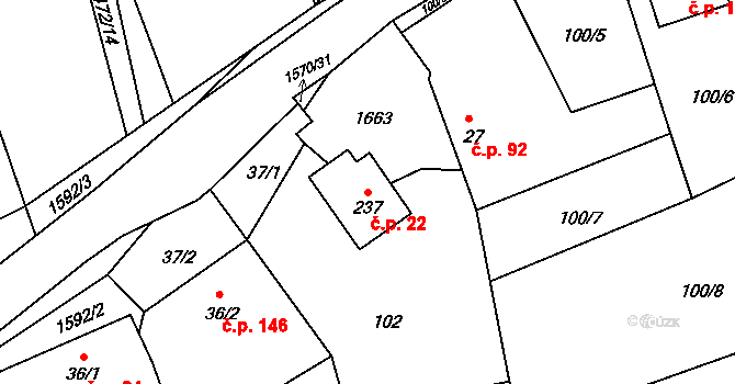 Kladeruby 22 na parcele st. 237 v KÚ Kladeruby, Katastrální mapa
