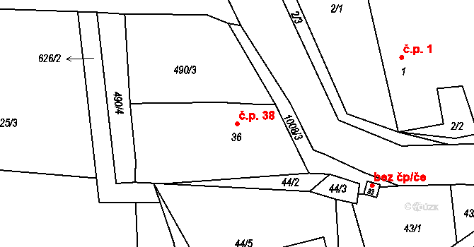 Bechyňská Smoleč 38, Sudoměřice u Bechyně na parcele st. 36 v KÚ Bechyňská Smoleč, Katastrální mapa