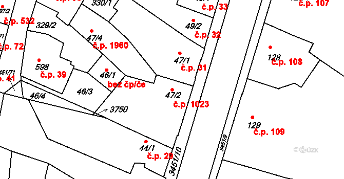 Lysá nad Labem 1023 na parcele st. 47/2 v KÚ Lysá nad Labem, Katastrální mapa