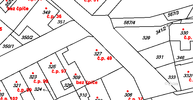 Proboštov 49 na parcele st. 327 v KÚ Proboštov u Teplic, Katastrální mapa