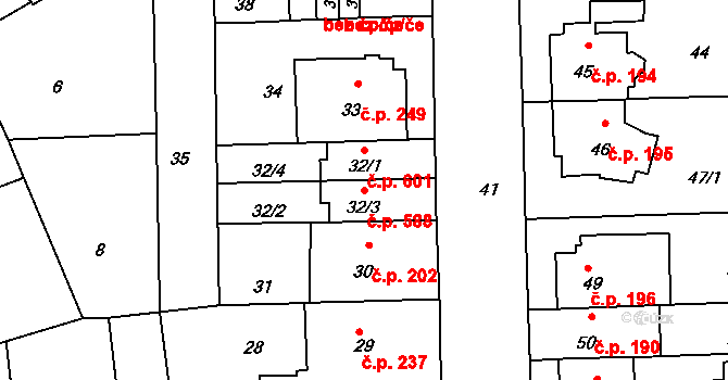 Komárov 588, Brno na parcele st. 32/3 v KÚ Komárov, Katastrální mapa