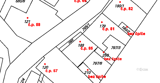 Břežany I 85 na parcele st. 188 v KÚ Břežany I, Katastrální mapa