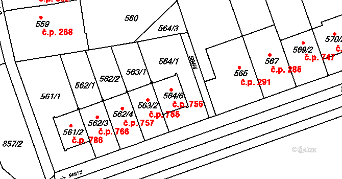 Bohnice 756, Praha na parcele st. 564/6 v KÚ Bohnice, Katastrální mapa