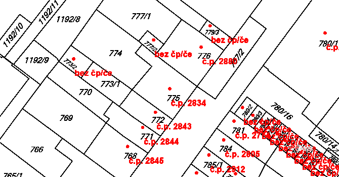 Chomutov 2834 na parcele st. 775 v KÚ Chomutov II, Katastrální mapa