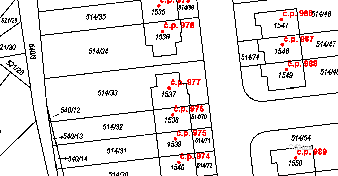 Svítkov 977, Pardubice na parcele st. 1537 v KÚ Svítkov, Katastrální mapa