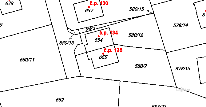Svinaře 135 na parcele st. 655 v KÚ Svinaře, Katastrální mapa