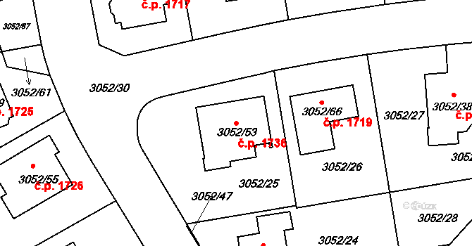 Bystřice nad Pernštejnem 1736 na parcele st. 3052/53 v KÚ Bystřice nad Pernštejnem, Katastrální mapa
