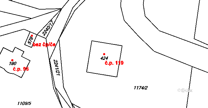 Pecerady 119, Týnec nad Sázavou na parcele st. 424 v KÚ Pecerady, Katastrální mapa