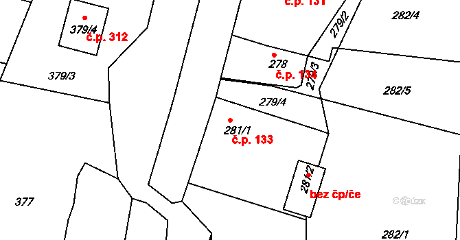 Lípa 133 na parcele st. 281/1 v KÚ Lípa nad Dřevnicí, Katastrální mapa