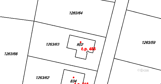 Doksy 485 na parcele st. 802 v KÚ Doksy u Kladna, Katastrální mapa