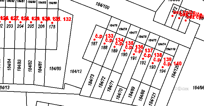 Únětice 134 na parcele st. 188 v KÚ Únětice u Prahy, Katastrální mapa