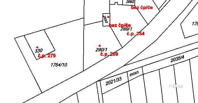 Mutějovice 209 na parcele st. 290/1 v KÚ Mutějovice, Katastrální mapa
