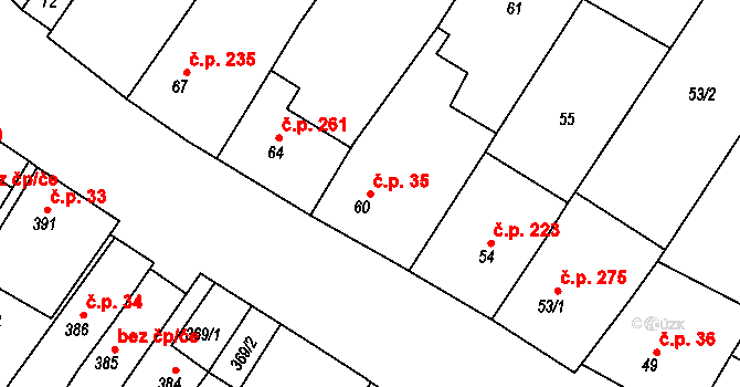 Perná 35 na parcele st. 60 v KÚ Perná, Katastrální mapa