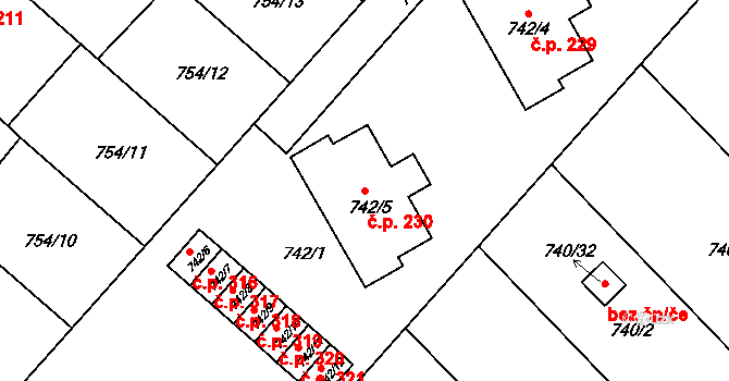 Radslavice 230 na parcele st. 742/5 v KÚ Radslavice u Přerova, Katastrální mapa