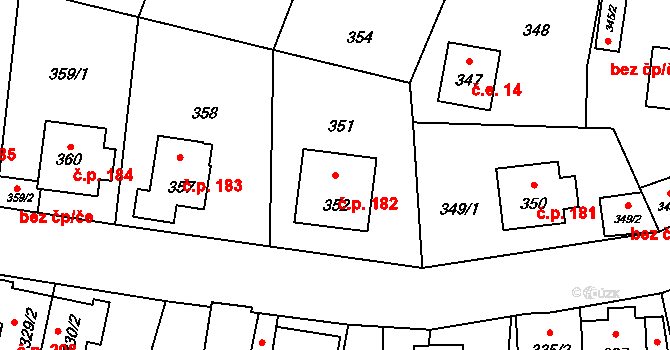 Černé Budy 182, Sázava na parcele st. 352 v KÚ Černé Budy, Katastrální mapa