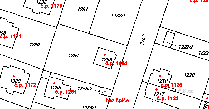 Čelákovice 1184 na parcele st. 1283 v KÚ Čelákovice, Katastrální mapa