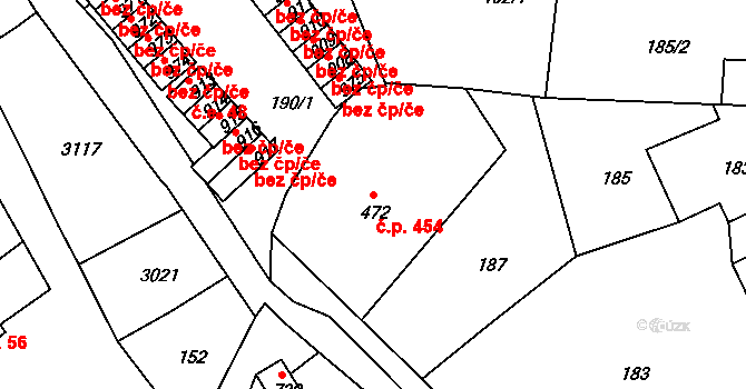 Luby 454 na parcele st. 472 v KÚ Luby I, Katastrální mapa