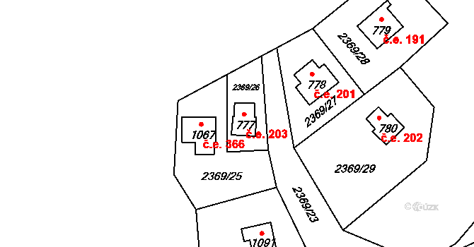 Dolní Lomná 203 na parcele st. 777 v KÚ Dolní Lomná, Katastrální mapa