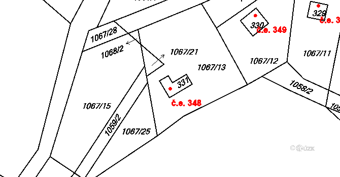 Borová Lhota 348, Pyšely na parcele st. 331 v KÚ Pyšely, Katastrální mapa