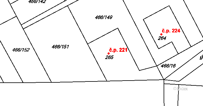Broumy 221 na parcele st. 265 v KÚ Broumy, Katastrální mapa